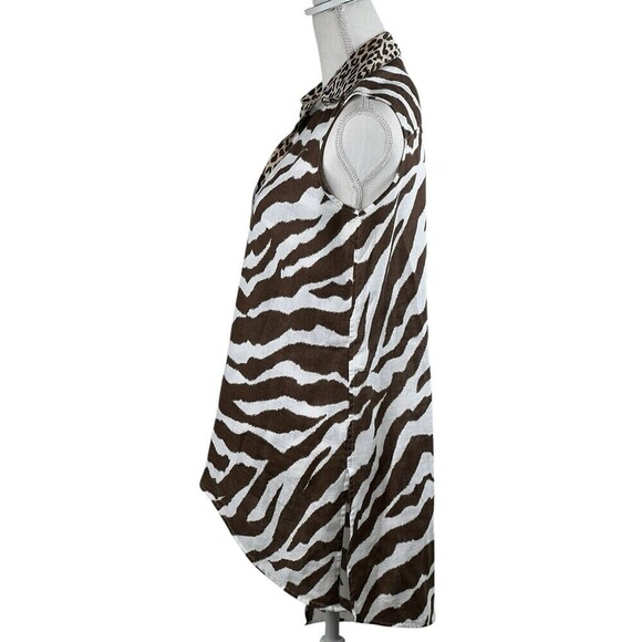 Chicos Womens No-Iron Linen Animal Tunic Brown Zebra Asymmetric Hem Size 0 Small - Picture 7 of 11